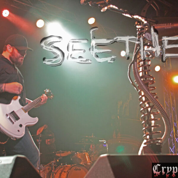 A man playing guitar on stage with the words seether.