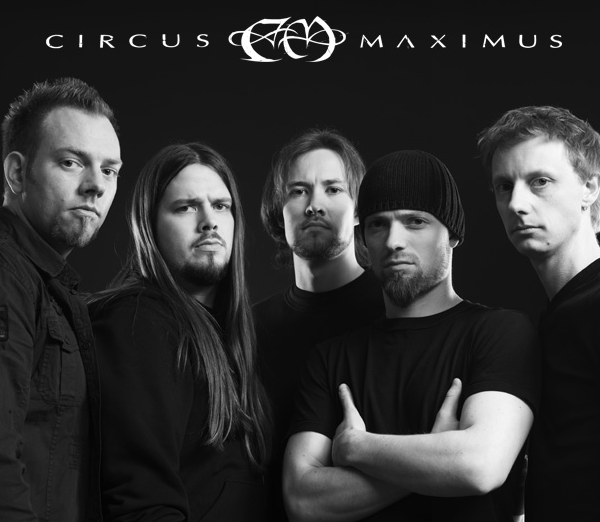 A group of men standing in front of a black background with the words circus maximus.