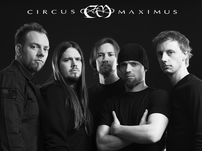 A group of men standing in front of a black background with the words circus maximus.