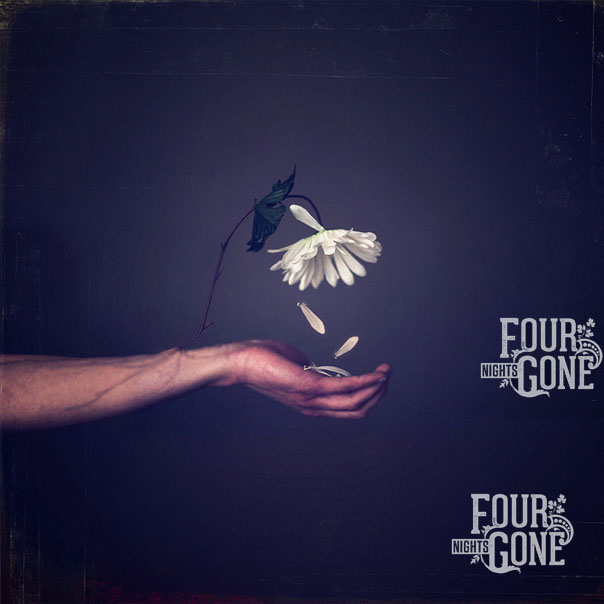 A hand holding a flower with the words four gone.