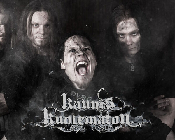 A black and white image of a group of black metal band members.