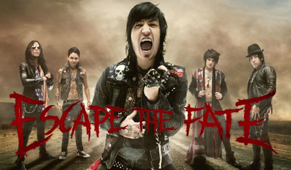 A group of people standing on a dirt road with the words escape the fate.