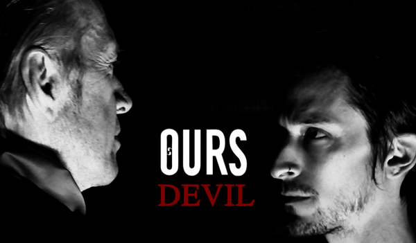 Our devil is a black and white poster with two men facing each other.