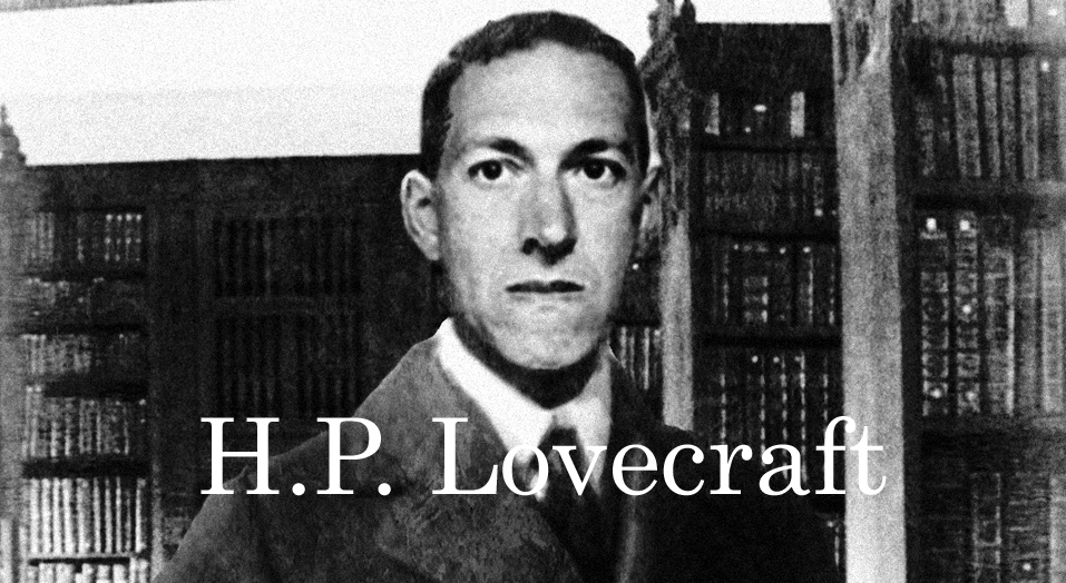 A man in a suit is standing in front of bookshelves with the words h p lovecraft.