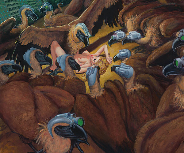 A painting of a woman surrounded by vultures.