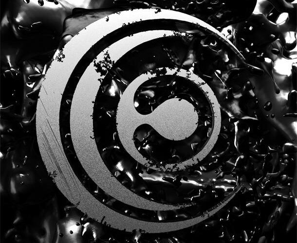 A black and white image of a circular logo.