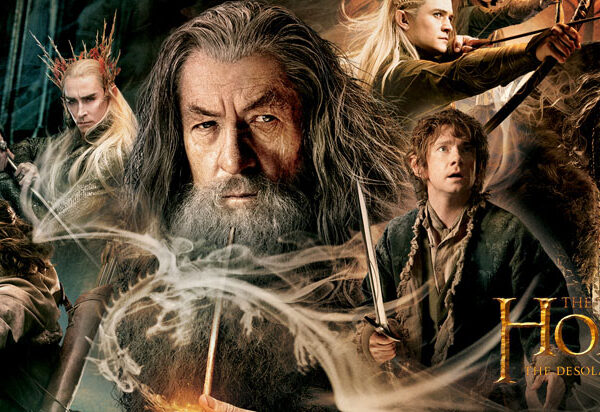 The hobbit movie poster with many characters.