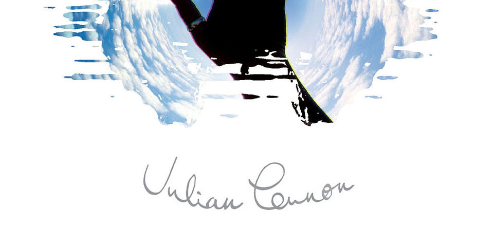 A poster of a woman with a surfboard in the sky.