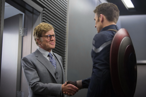 "Marvel's Captain America: The Winter Soldier" L to R: Alexander Pierce (Robert Redford) & Captain America/Steve Rogers (Chris Evans) Ph: Zade Rosenthal © 2014 Marvel.  All Rights Reserved.