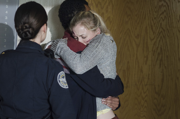 Christine Woods as Officer Dawn Lerner, Tyler James Williams as Noah and Emily Kinney as Beth Greene - The Walking Dead _ Season 5, Episode 8 - Photo Credit: Gene Page/AMC