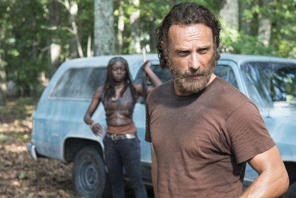 Andrew Lincoln as Rick Grimes and Danai Gurira as Michonne - The Walking Dead _ Season 5, Episode 9 - Photo Credit: Gene Page/AMC