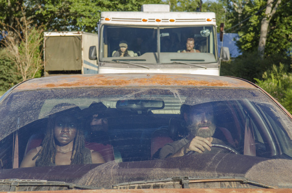 Danai Gurira as Michonne, Chandler Riggs as Carl Grimes and Andrew Lincoln as Rick Grimes - The Walking Dead _ Season 5, Episode 11 - Photo Credit: Gene Page/AMC