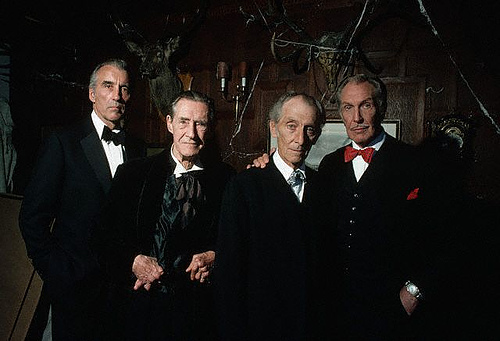 L to R: Christopher Lee, John Carradine, Peter Cushing, Vincent Price in House of the Long Shadows