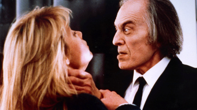 Still from Phantasm II (1988),  Paula Irvine,  Angus Scrimm. 