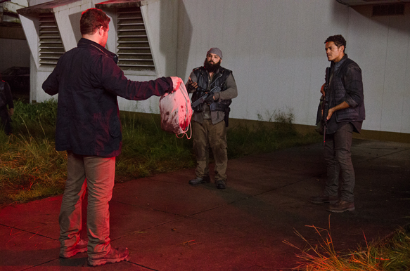 Carolos Aviles as Savior Guard, Jeremy Palko as Andy, and Ian Casselberry as Savior Guard - The Walking Dead _ Season 6, Episode 12 - Photo Credit: Gene Page/AMC