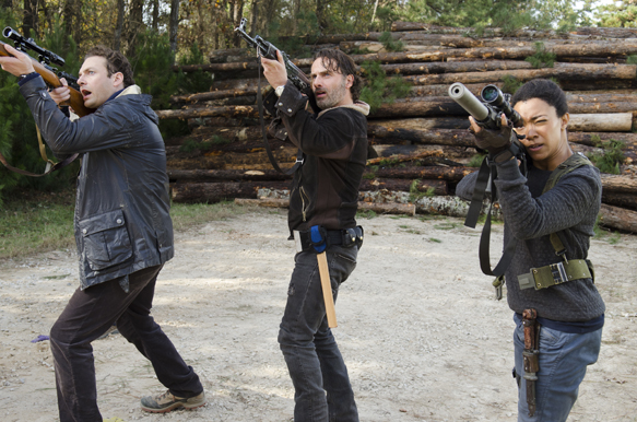 Josh McDermitt as Dr Eugene Porter; Andrew Andrew Lincoln as Rick Grimes; Sonequa Martin-Green as Sasha; Ross Marquand as Aaron - The Walking Dead _ Season 6, Episode 16 - Photo Credit: Gene Page/AMC