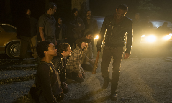 Jeffrey Dean Morgan as Negan, Sonequa Martin-Green as Sasha Williams, Ross Marquand as Aaron, Chandler Riggs as Carl Grimes, Josh McDermitt as Dr. Eugene Porter - The Walking Dead _ Season 7, Episode 1 - Photo Credit: Gene Page/AMC