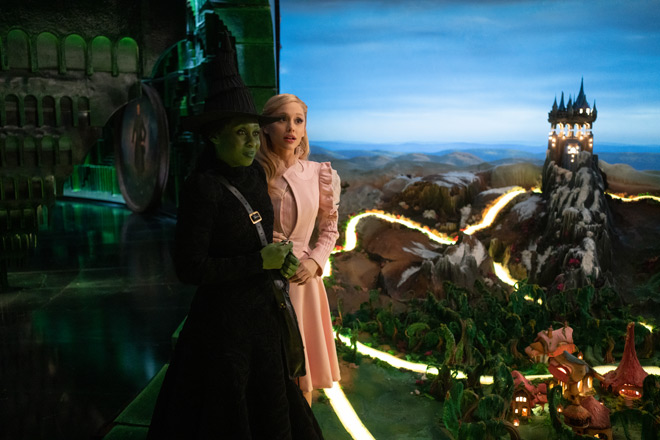 L to R: Cynthia Erivo is Elphaba and Ariana Grande is Glinda in WICKED, directed by Jon M. Chu