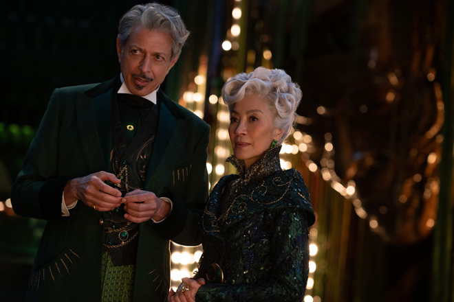 L to R: Jeff Goldblum is The Wizard of Oz and Michelle Yeoh is Madam Morrible in WICKED, directed by Jon M. Chu