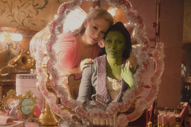 L to R: Ariana Grande is Glinda and Cynthia Erivo is Elphaba in WICKED, directed by Jon M. Chu